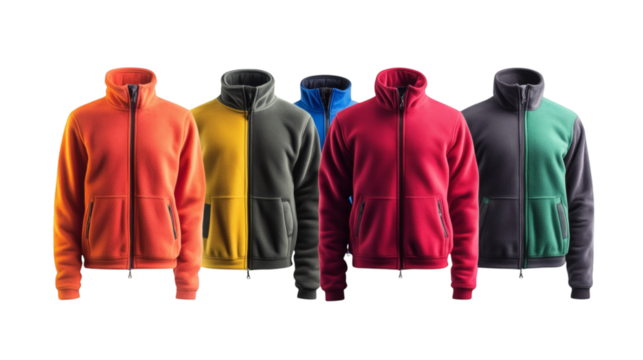 Set of various men's fleece jackets in different colours isolated on white background