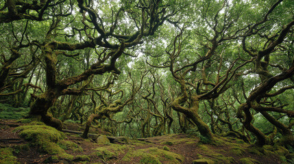 A dense forest with ancient twisted trees