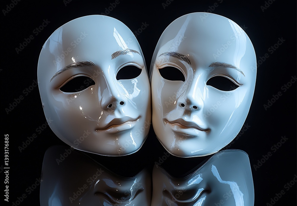 Aufkleber elegant white masks showing unique features and reflections on a dark surface : generative ai