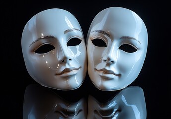 Elegant white masks showing unique features and reflections on a dark surface : Generative AI