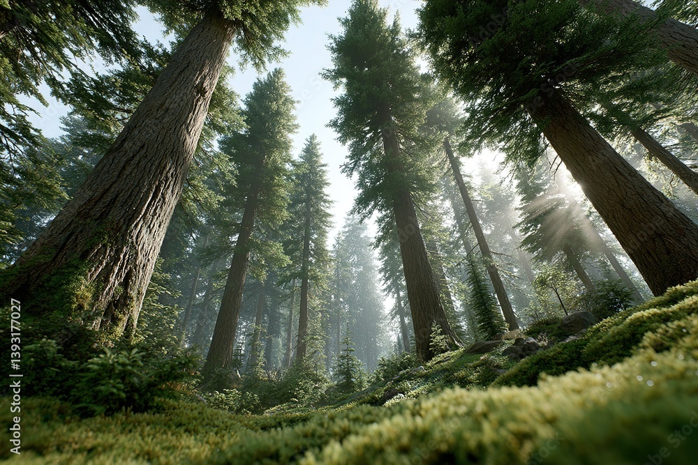 Poster tall trees create a serene atmosphere in a dense forest with soft sunlight filtering through the lea