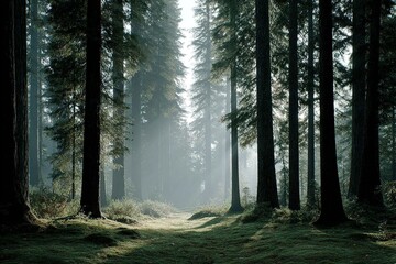 Obraz premium Ethereal morning light filters through towering trees in a serene forest landscape