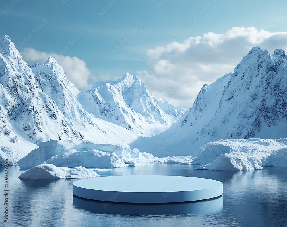 Poster broad circular ice feature in a stunning glacial landscape with snowy peaks : generative ai