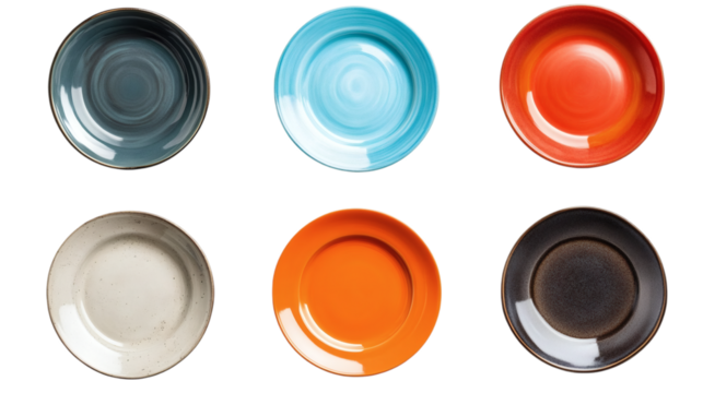 Set of various modern dinner plates isolated on white background