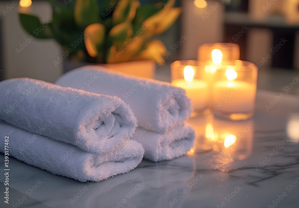 Poster Serene Spa Scene Fluffy White Towels and Lit Candles Create a Relaxing Atmosphere for Wellness and Self Care at Home : Generative AI
