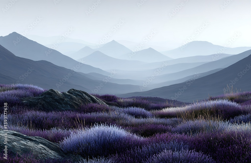 Poster mountains covered in lavender fields create a serene atmosphere at dawn with soft light illuminating