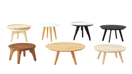 Set of various modern living room small coffee tables isolated on white background