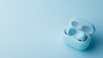 Minimalist wireless earbuds case on the right, soft pastel blue background, modern branding 