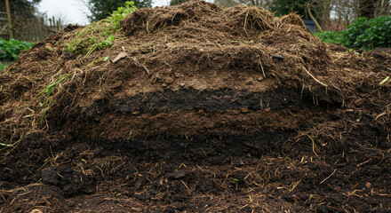 Obraz premium A compost pile with visible layers of decomposition. The structure of the soil with organic substances in the natural environment.