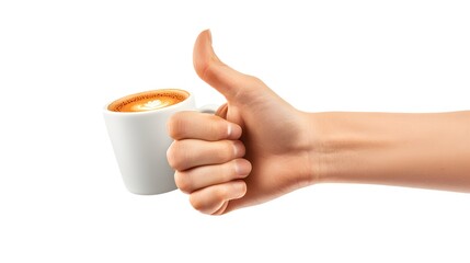 A hand giving a thumbs up while holding a cup of latte art coffee.  Perfect for coffee shops, cafes, and positive branding.