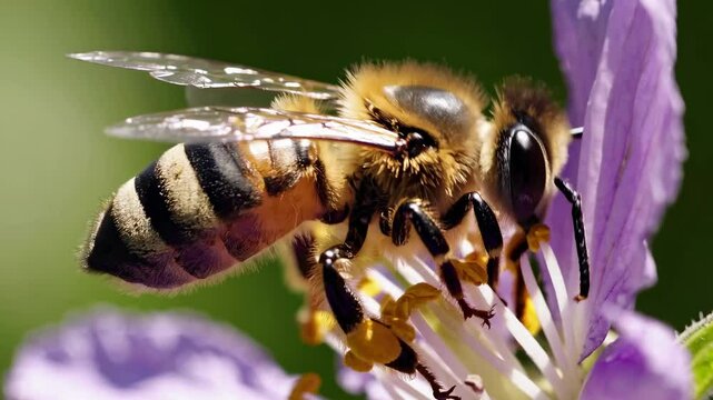 Close-up video of a bee on a purple flower, shot from a side angle. The focus is on the bee's texture and vibrant colors, with a blurred background.