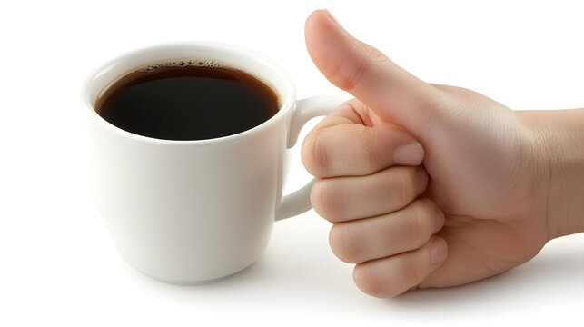 A thumbs up gesture next to a cup of black coffee.  A simple, yet powerful image suggesting approval or enjoyment of the beverage.