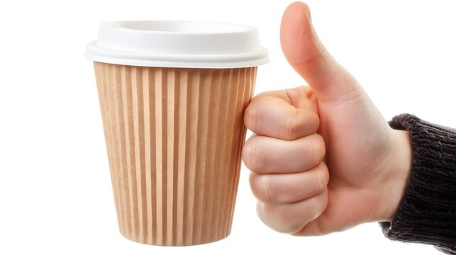 A hand gives a thumbs up while holding a ribbed paper coffee cup with a white lid.  Isolated on white background.