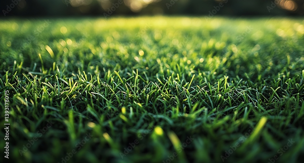 Poster lush green grass field closeup with sunlit blades and shallow depth of field for summer background a