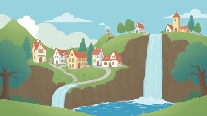 Fototapeta premium Serene Landscape with Colorful Houses and Waterfalls in a Peaceful Rural Setting