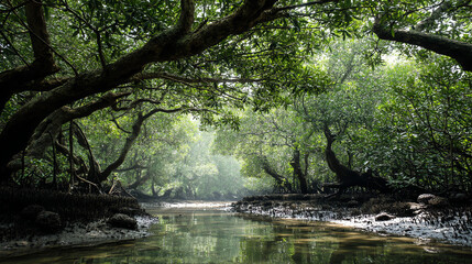 Naklejka premium A dense mangrove forest at low tide