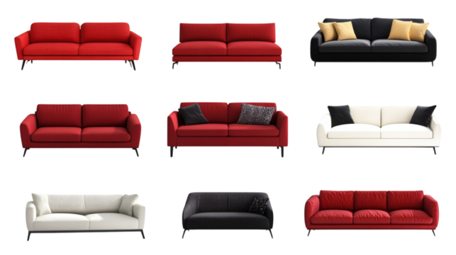 Set of various modern minimalist designer sofas isolated on white background
