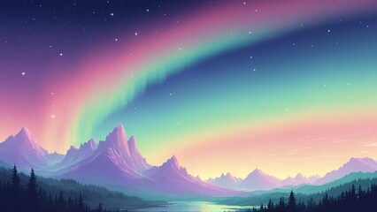 Fototapeta premium Colorful Aurora Over Majestic Mountains and Calm Lake at Dusk with Starry Sky