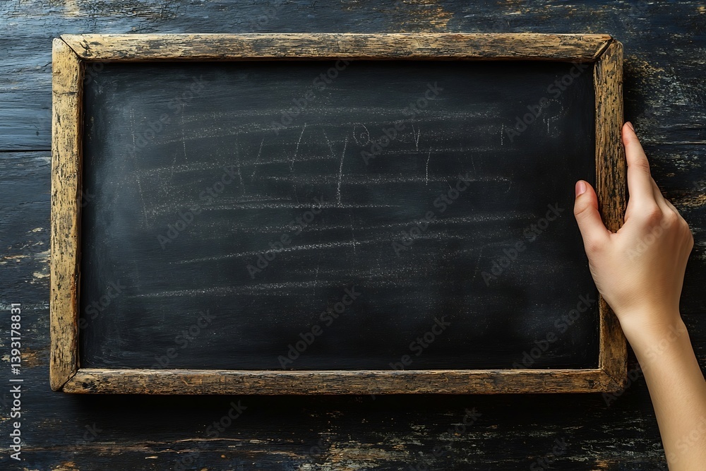 Aufkleber chalkboard with wooden frame and hand reaching for it on rustic wooden background for school concept
