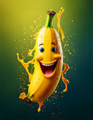 Smiling Yellow Banana Splashing with Juice on a Green Background..