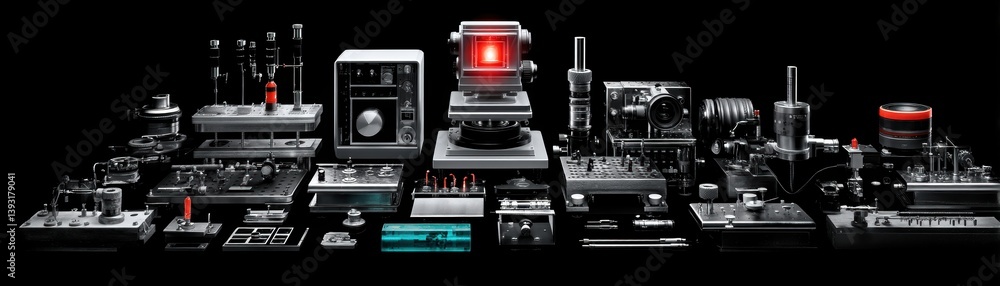 Poster a complex array of scientific instruments and apparatus surrounding a high-powered microscope - rese
