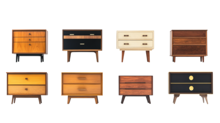 Set of various modernist luxury chest drawers isolated on white background
