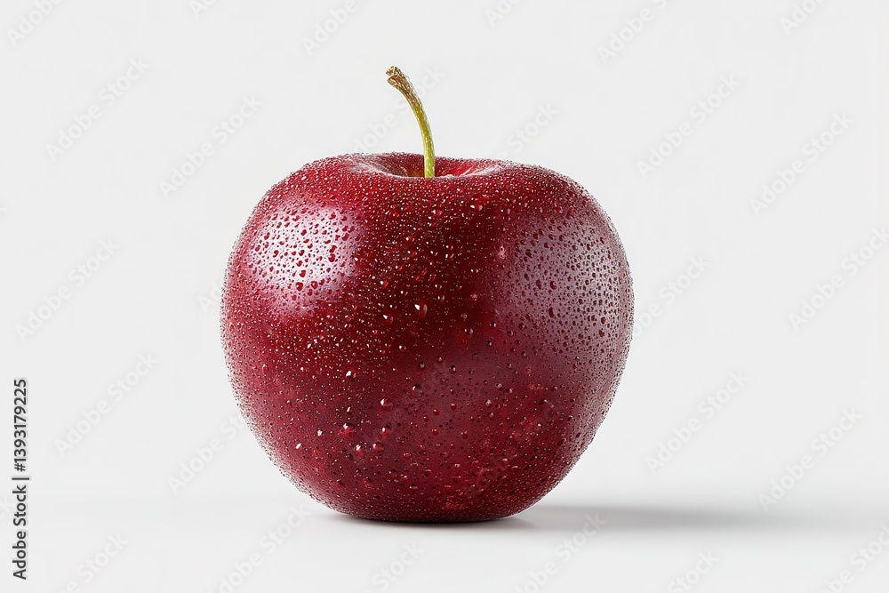 Poster fresh red apple with water droplets on a white background captured in a studio setting