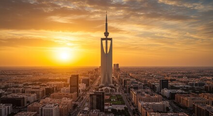 Fototapeta premium Majestic Sunset Over Cityscape Tower - Stunning aerial view of a modern city at sunset, with a tall, slender tower dominating the skyline. Golden hour light bathes the scene