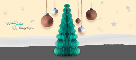 New design with turquoise green honeycomb Christmas tree. German text: Merry christmas. Copy space.
