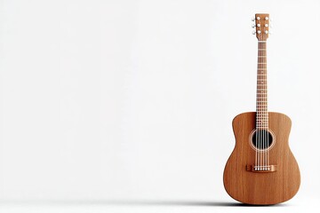 Obraz premium Acoustic guitar stands upright against a plain background showcasing natural wood finish and simple design in a minimalist setting