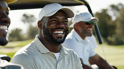 Cheerful golfers share a laugh while riding in a golf cart on a sunny day.