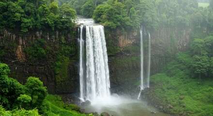 Majestic Waterfall in Lush Green Valley - Serene waterfall cascading down rocky cliffs, surrounded by vibrant green foliage and mist. Symbolizes nature's power, tranquility, purity, renewal