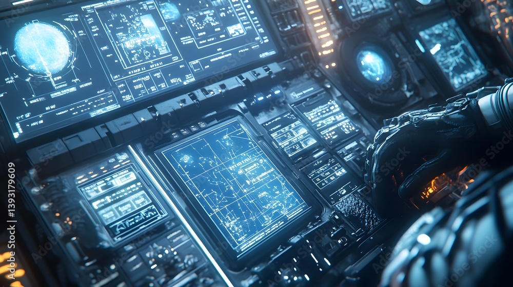 Poster close-up of a futuristic spaceship control panel with glowing blue screens displaying intricate data
