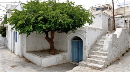 Naklejka premium A small, arched doorway leads to a hidden courtyard, tucked away on a quiet Greek street - travel culture doorway