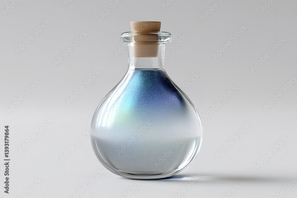Poster glass flask containing liquid with shimmering gradient effect set on a light background