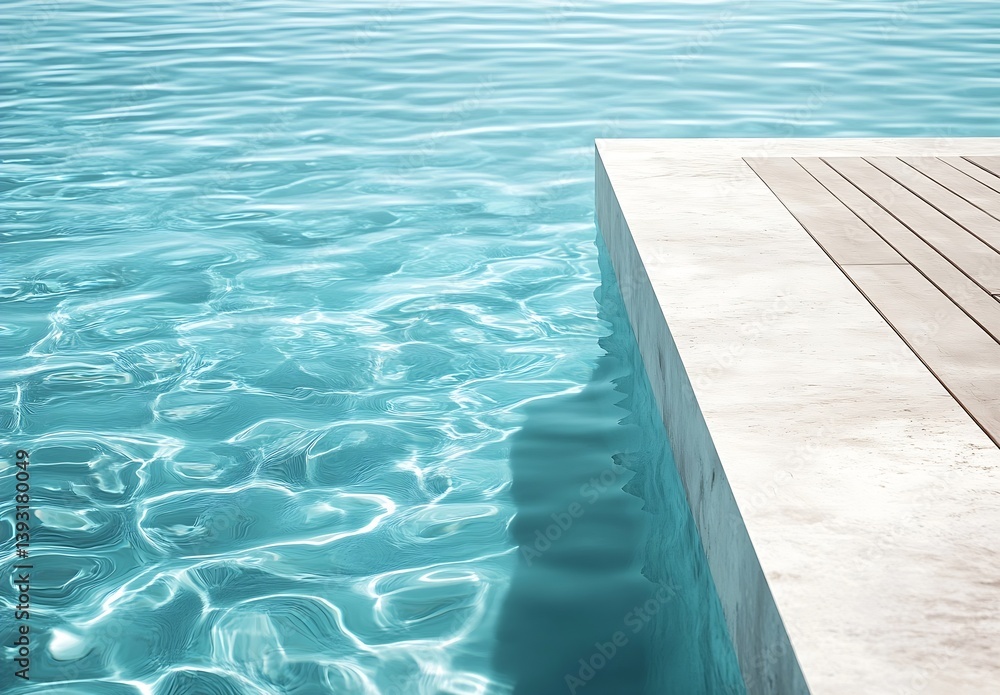 Poster tranquil water surface with wooden deck creates a serene and refreshing scene ideal for summer and v