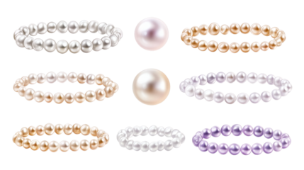 Set of various realistic natural pearl bead women bracelets isolated on white background