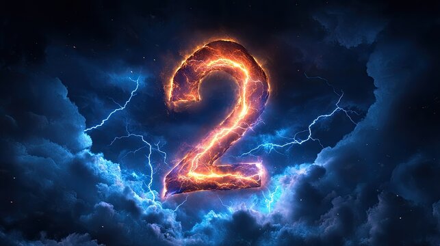 The sky roars with thunder as a bold lightning bolt twists to form the number "2", framed by billowing storm clouds and electric light.