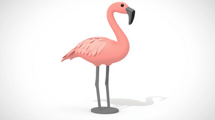 Fototapeta premium A cartoon flamingo with a curved neck, standing on the ground isolated on a white background.
