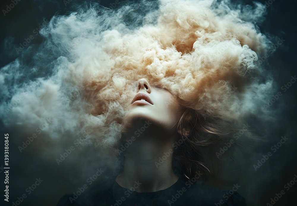 Poster ethereal image of a woman with pink clouds enveloping her head in a meditative pose : generative ai