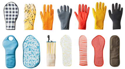 Set of various stylish kitchen protective oven gloves isolated on white background
