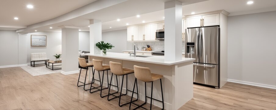 Bright, airy basement kitchen with white cabinetry and quartz countertops - home living furnishings airy cozy
