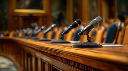 Government hearing microphones on a wooden table