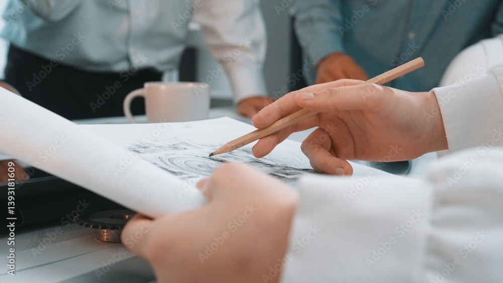 Aufkleber close-up view of hands actively engaged in sketching architectural designs with a pencil. a collabor