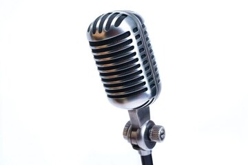 Fototapeta premium A shiny silver microphone standing upright against a stark white background in a studio setting