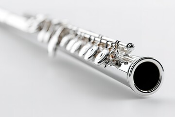 Fototapeta premium Close view of a shiny silver flute showcasing its intricate keys and smooth surface with a plain background