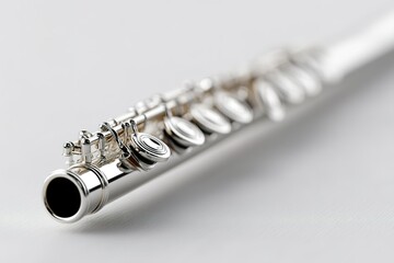 Fototapeta premium Professional silver flute with intricate key design showcased on a plain background during a music session