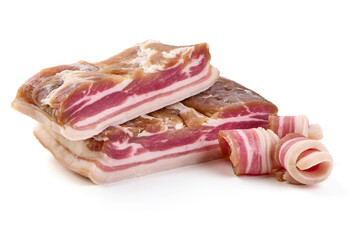 Smoked bacon. Streaky brisket slices, isolated on white background.