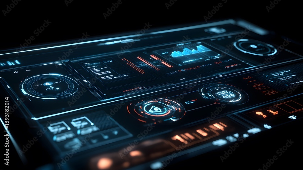 Poster close-up of a futuristic digital interface with glowing blue and orange elements displaying data, gr
