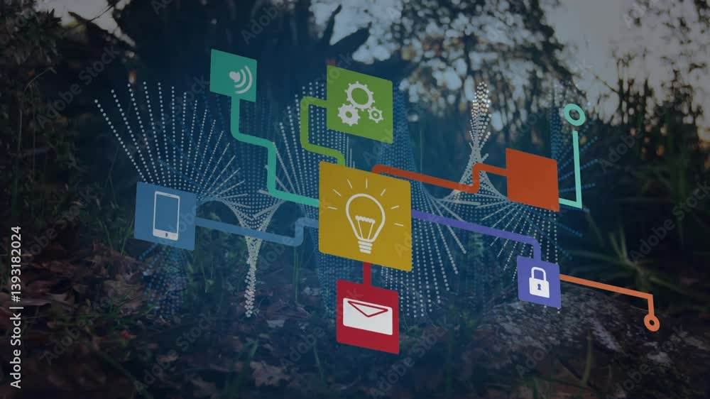 Poster digital network icons connecting over forest background in animated scene